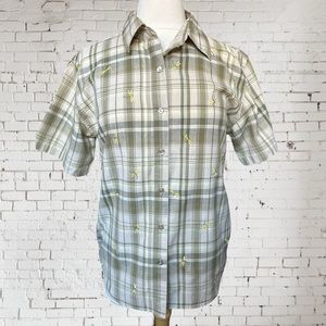 Bobbie Brooks Khaki Green Plaid cotton button down with embroidered fireflies